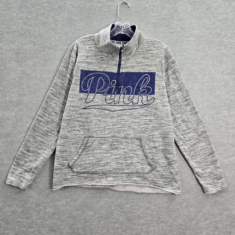 Pink Victorias Secret Women Sweatshirt Medium Gray Terry Logo 1/4 Zip Pockets